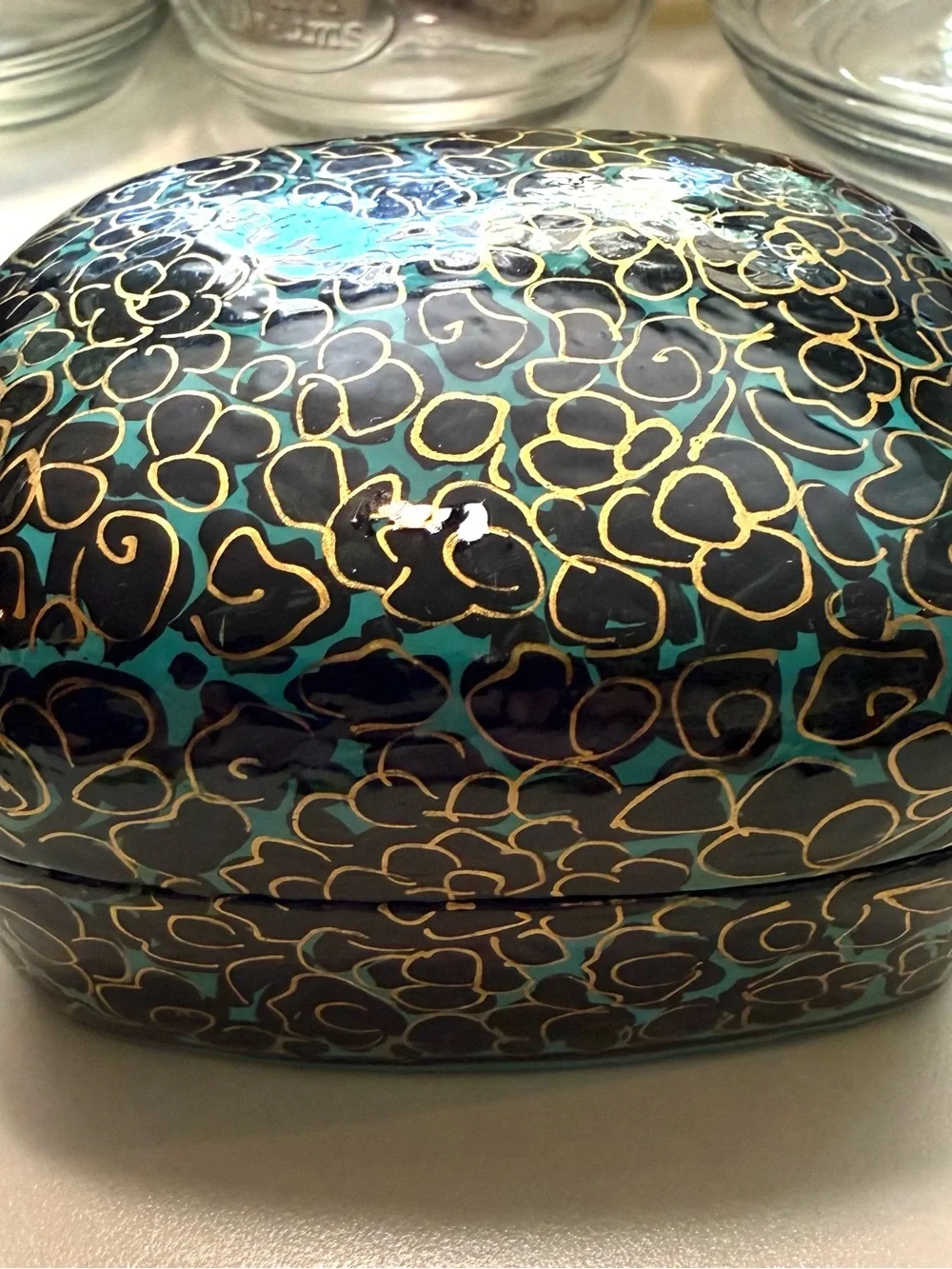 Handcrafted Kashmiri papier-mâché trinket box with lacquered finish gold, teal